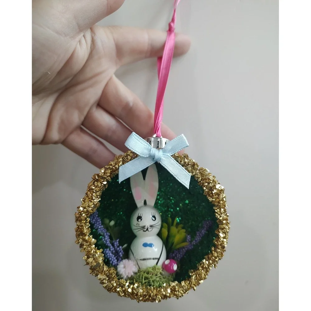 Bunny Rabbit Christmas Ornament Handmade Vtg Style OOAK Shatterproof Diorama